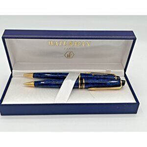 Waterman Hémisphère Pen & Pencil Set Blue Marble/Gold W/ Case -Co. Logo